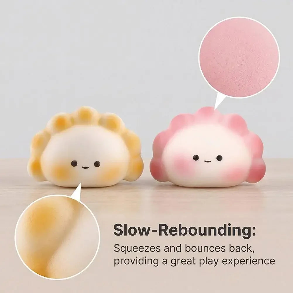 Yellow and pink dumpling steamed bun squishy fidget toy with slow-rebound texture for portable sensory stress relief.