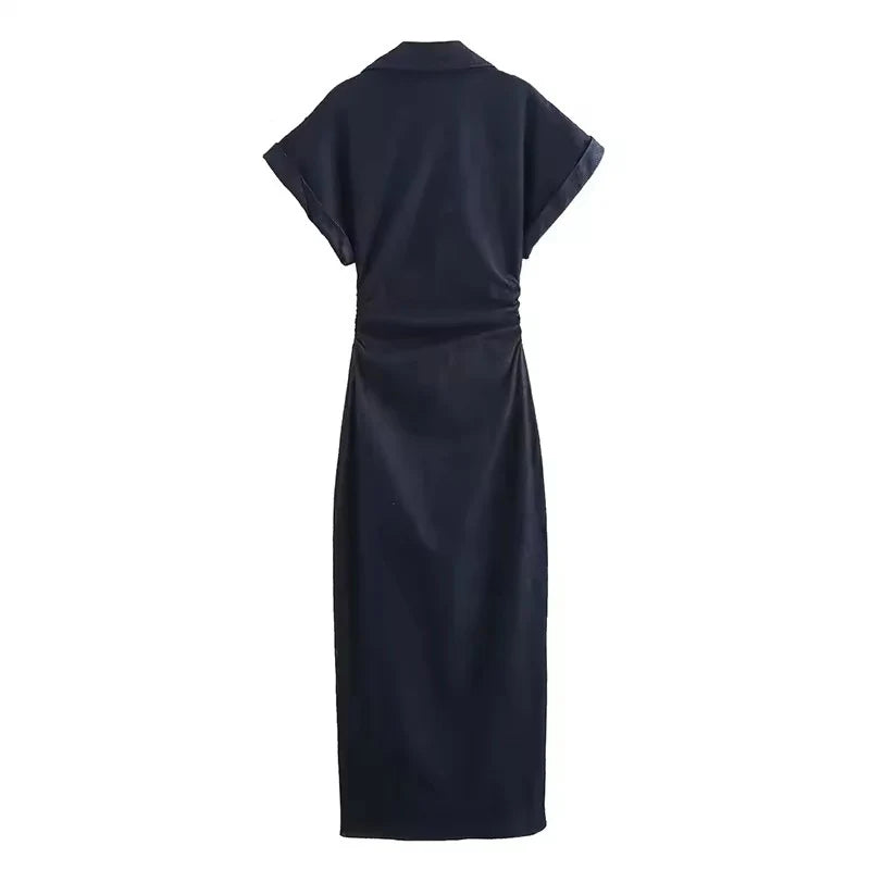 Denim Midi Dress - Women's Ruched Short Sleeve Casual Streetwear Dress