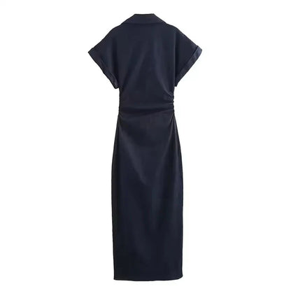 Denim Midi Dress - Women's Ruched Short Sleeve Casual Streetwear Dress