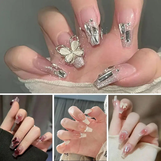 24Pcs Glitter Diamond Press On Nails Blush Pink Cat Eye Fake Nails Sweet Cute Coffin Full Cover Short Square False Nail Tips Art