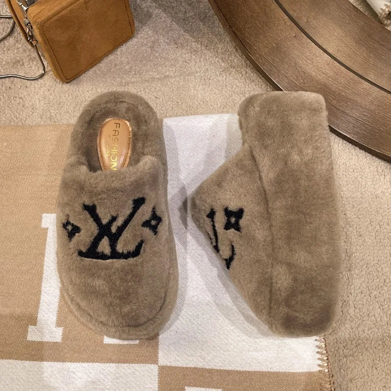 Warm Slippers for Women Indoor Non Slip Plush Traction Rubber Sole With Wedge Heel