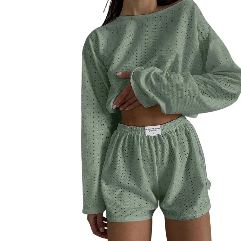 Soft Two-Piece Pajama Set with Long Sleeve Top and Shorts for Women