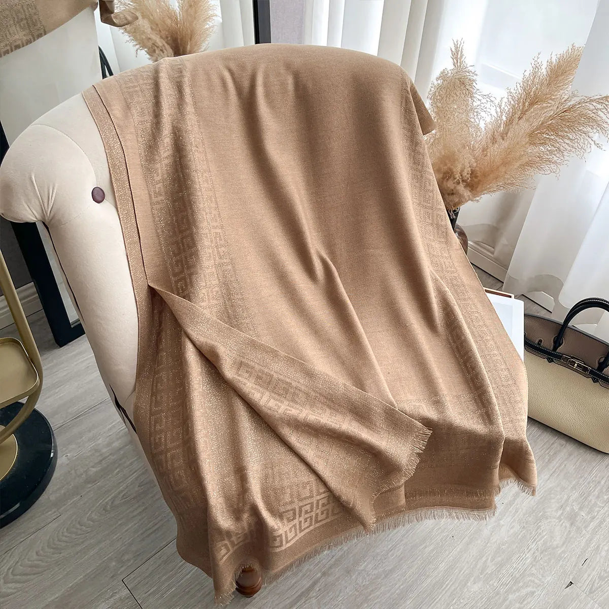 Sun-Protective Hijab Scarf with Golden Thread Accents for Styling