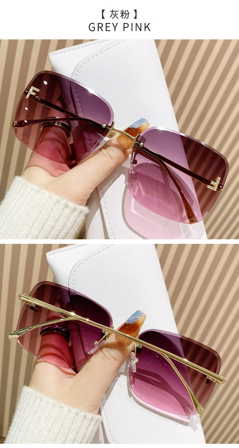 Featherlight Rimless Sunglasses Large Square Frame with Diamond Accent