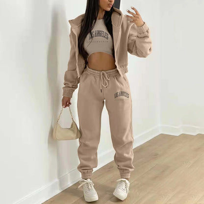 Beige knit sweater set with letter print, high waist relaxed joggers and zip hoodie for lounging or casual daily wear.