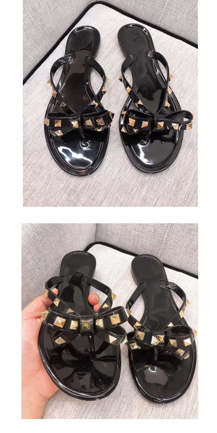 Studded Flat Bot Thong Slippers Holiday Beach Sandals Women's Jelly Slip-On oes Comfortable Casual PVC Footwear