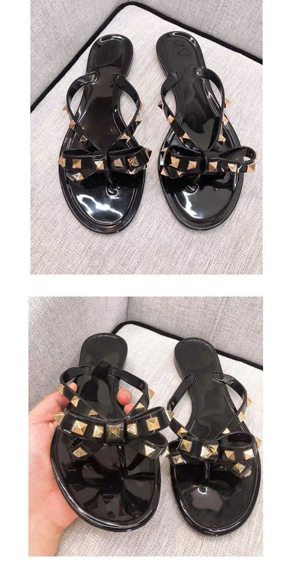 Studded Flat Bot Thong Slippers Holiday Beach Sandals Women's Jelly Slip-On oes Comfortable Casual PVC Footwear