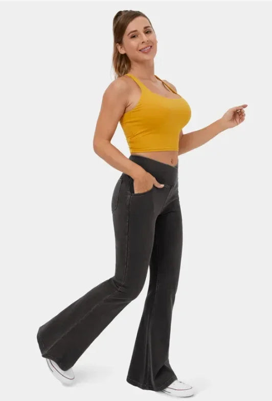 Stretch Pants High Waisted Crossover Flare with Bootcut Silhouette