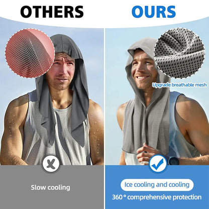Grey cooling hoodie towel made of breathable mesh fabric for sports and gym exercise.