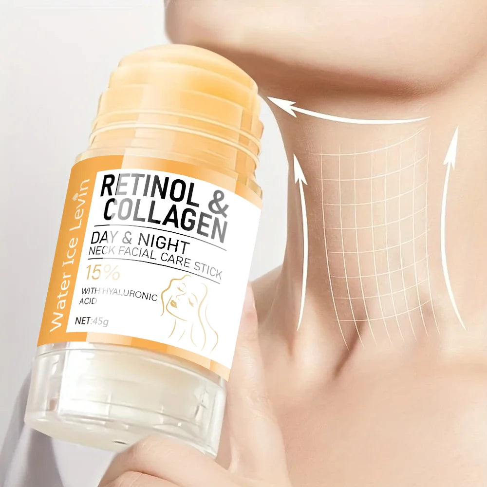 Retinol and collagen face and neck cream stick in a yellow and white tube held near a person's neck.