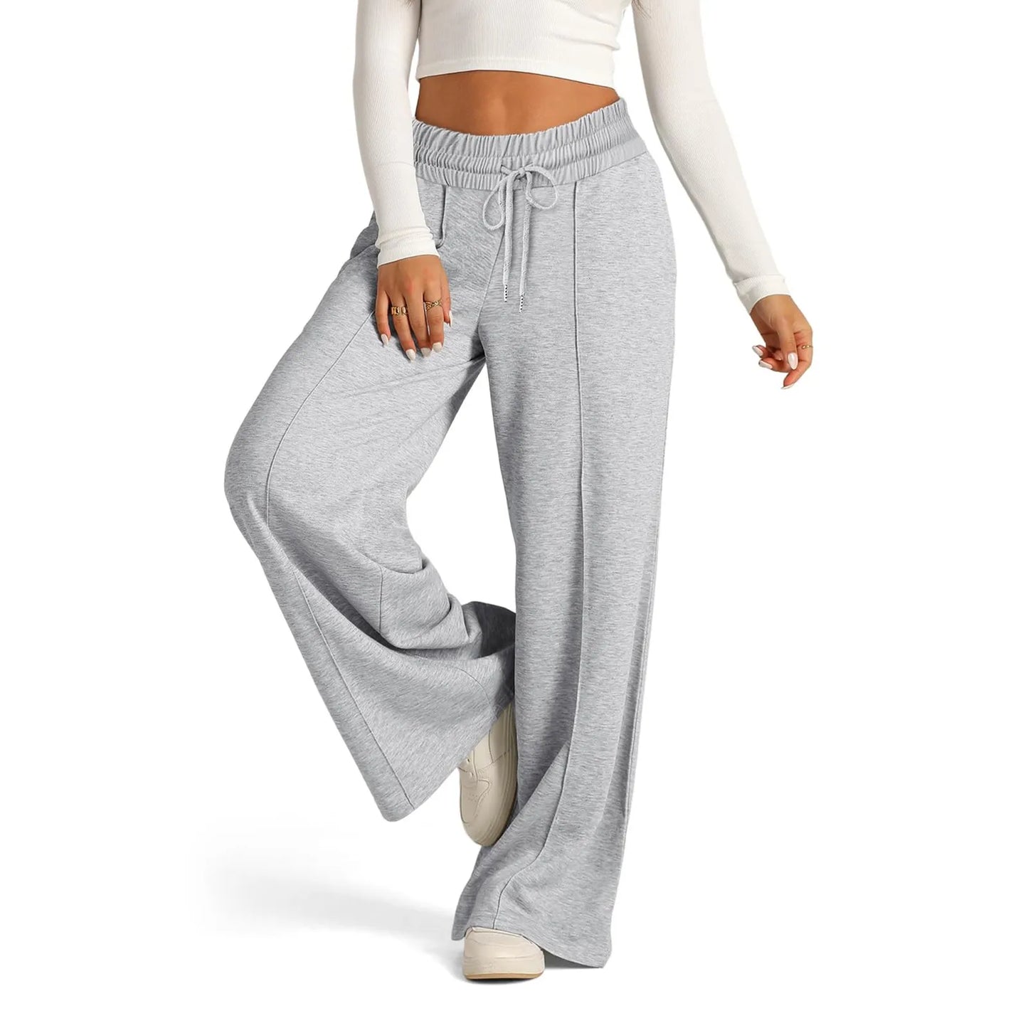 Grey high waist fleece-lined wide leg pants with a drawstring, ideal for comfortable daily wear.