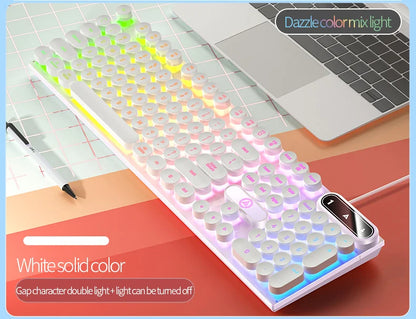 Mechanical typewriter keyboard with round retro LED backlit keys and illuminated keys