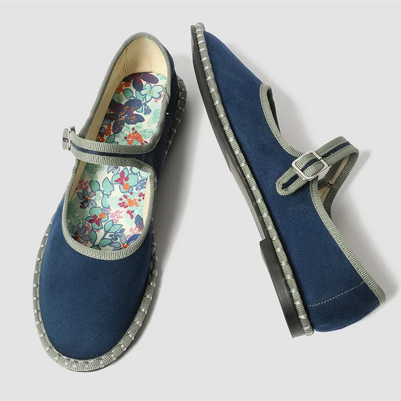 Women's floral-lined Mary Jane flats with buckle strap