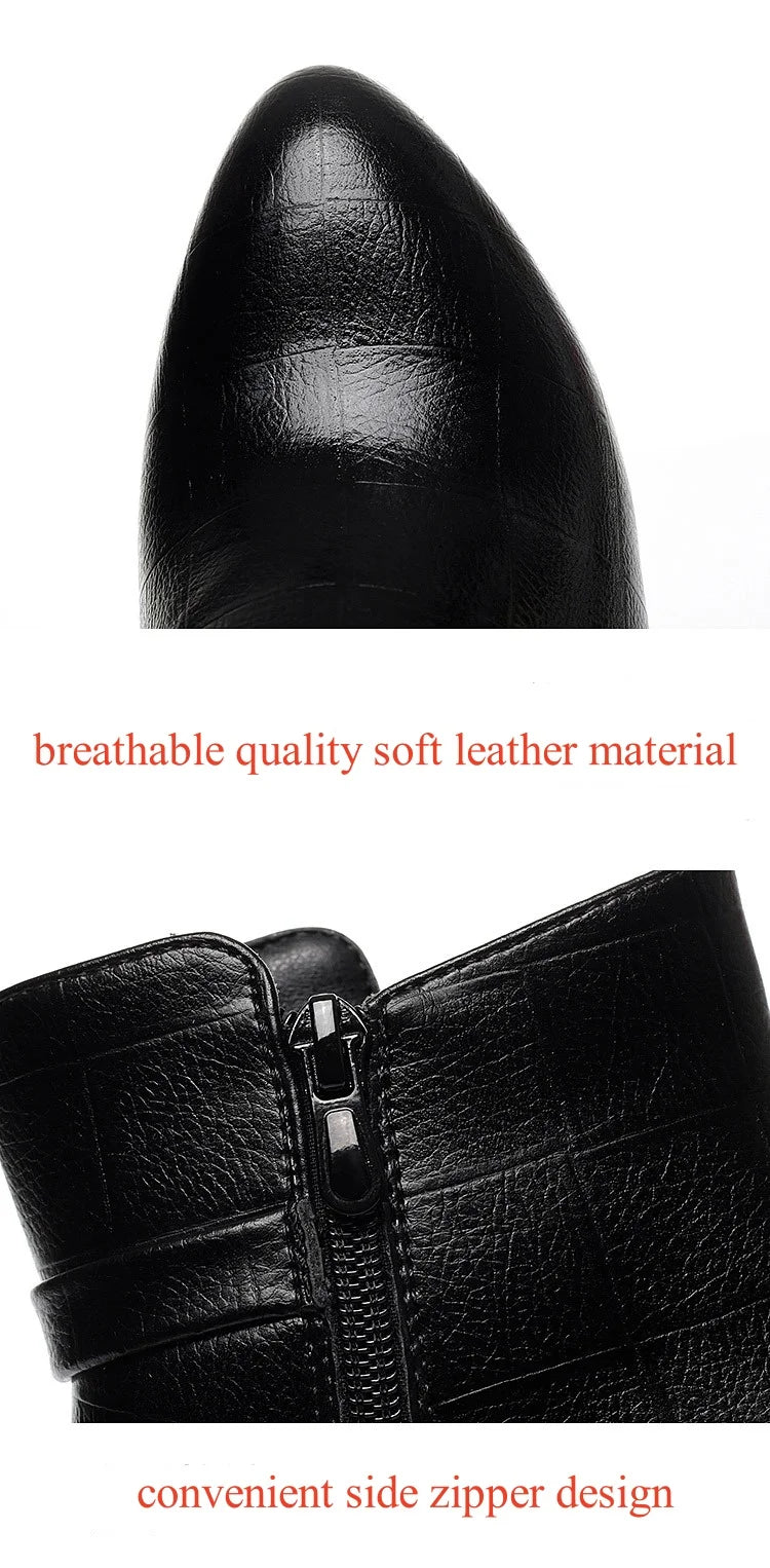 Black soft leather ankle boot with a pointed toe and side zipper.