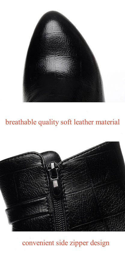 Black soft leather ankle boot with a pointed toe and side zipper.