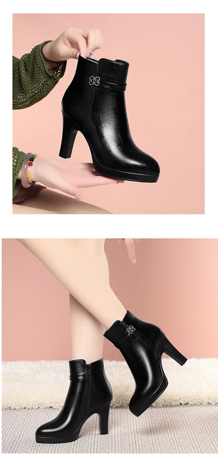 Black leather ankle boots with block heel and decorative side buckle.