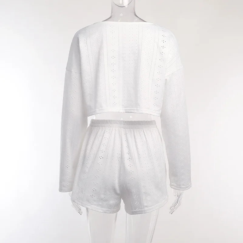 Soft Two-Piece Pajama Set with Long Sleeve Top and Shorts for Women