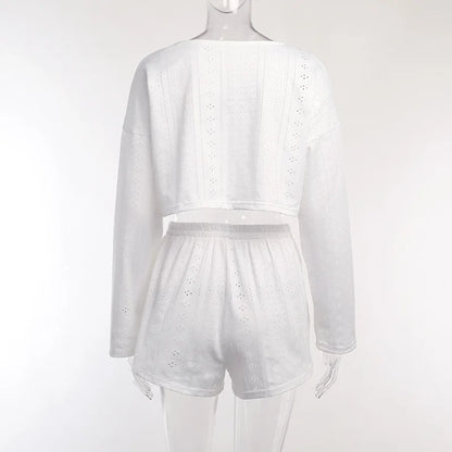 Soft Two-Piece Pajama Set with Long Sleeve Top and Shorts for Women