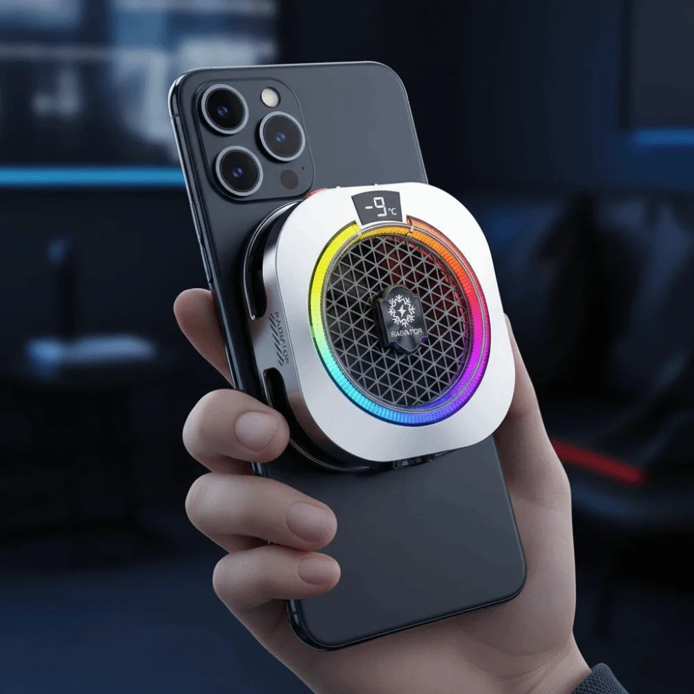 Silver mobile phone cooler with RGB LED lights, AI temperature display, and fan for gaming cooling.