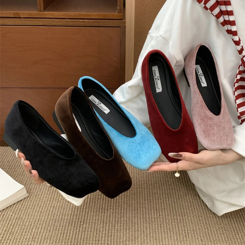 Multicolor suede square toe slip-on flats for daily wear.