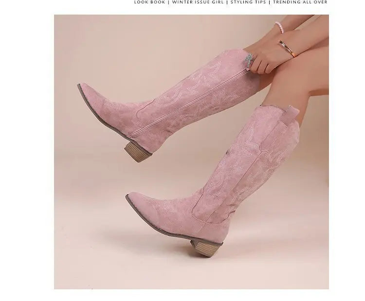 Pink suede Western cowboy boots with white stitching, pointed toes, block heels, and side zippers.