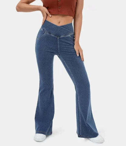 Stretch Pants High Waisted Crossover Flare with Bootcut Silhouette