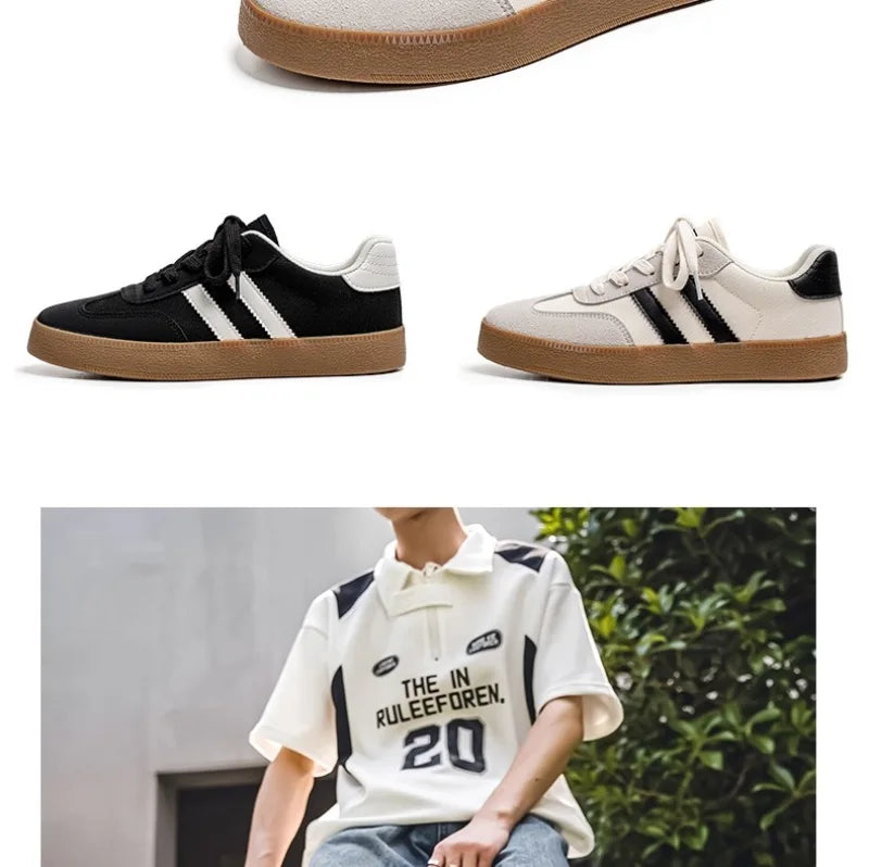 Black and beige canvas sneakers with breathable gum soles and lace-up design for daily casual training.