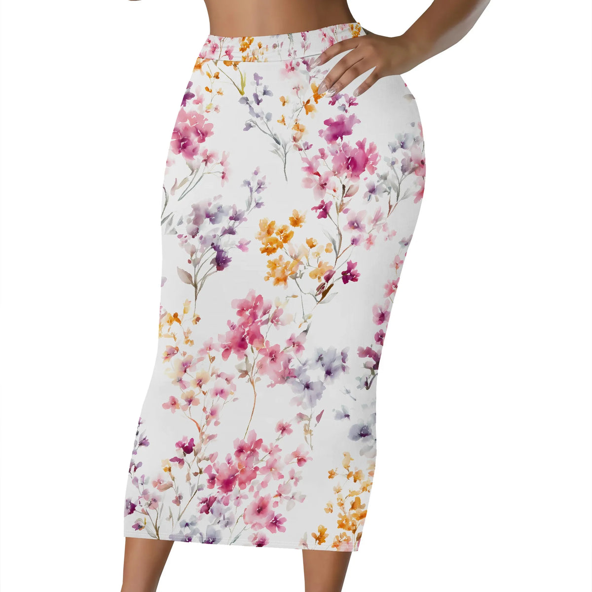 Women's floral print midi skirt with an elastic waist