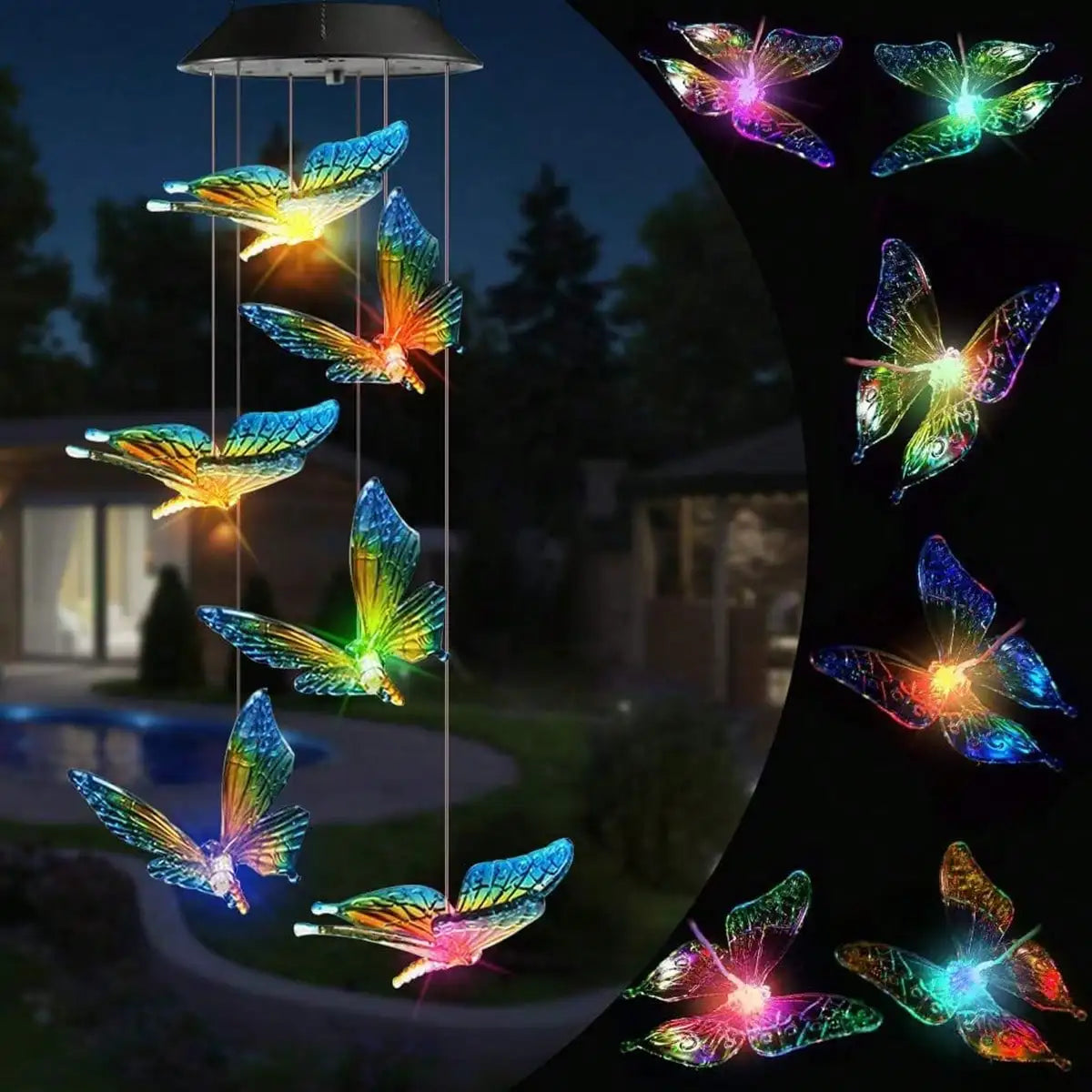 Home decor solar wind chimes with hanging LED butterfly lights outdoor
