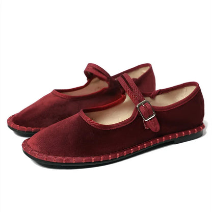 Women's floral-lined Mary Jane flats with buckle strap