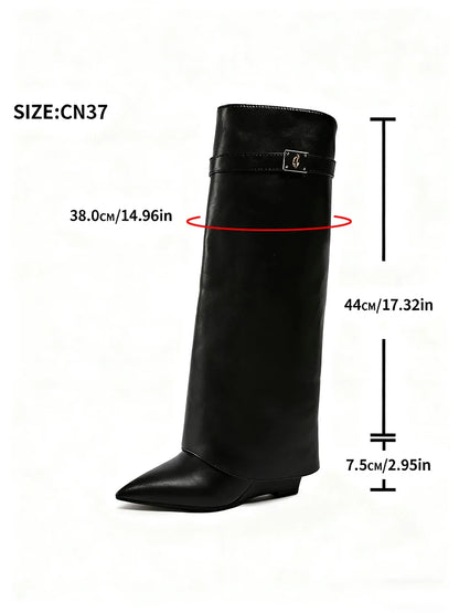 Designer Women's Long Boots - Wide Calf Shark Boots with Wedge Heel Knee High
