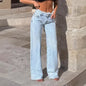 Frayed Denim Wide Leg Pants with High Waist Floor Length for Women