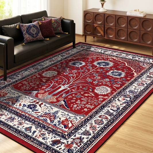 Red vintage area rug with a white and blue tree of life motif in a living room.
