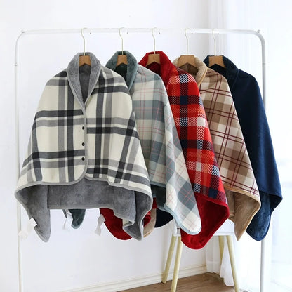 Plaid fleece wearable blanket poncho with button front