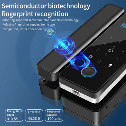 Lock App Bluetooth Smart Glass Door Lock Remote Unlock Fingerprint RFID IC Card Password with Time Attendance Record Report