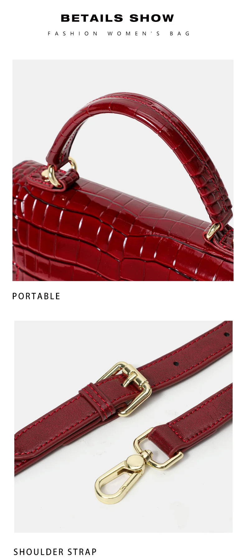 Red crocodile-pattern leather handbag with top handle and adjustable shoulder strap with gold hardware.