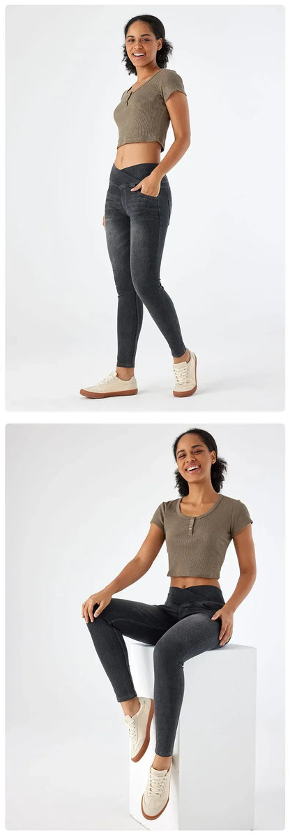 Cross Waist Yoga Jeans High Waist Skinny Ankle Length With Pockets