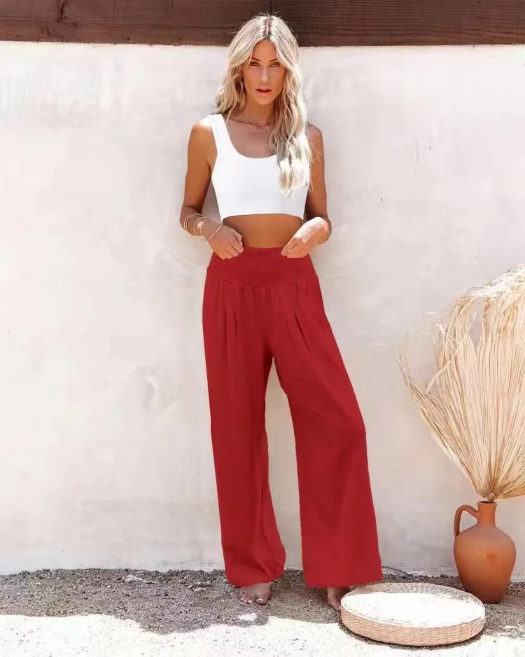 Women's Nylon-Cotton Blend Pants With Drawstring Wide-Leg And Mid Rise Breathable