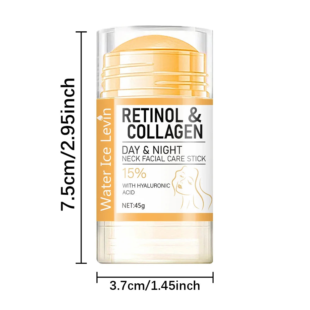Clear plastic stick container with yellow product, labeled Retinol & Collagen Day & Night Care Stick.