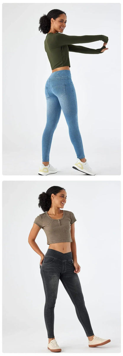 Cross Waist Yoga Jeans High Waist Skinny Ankle Length With Pockets