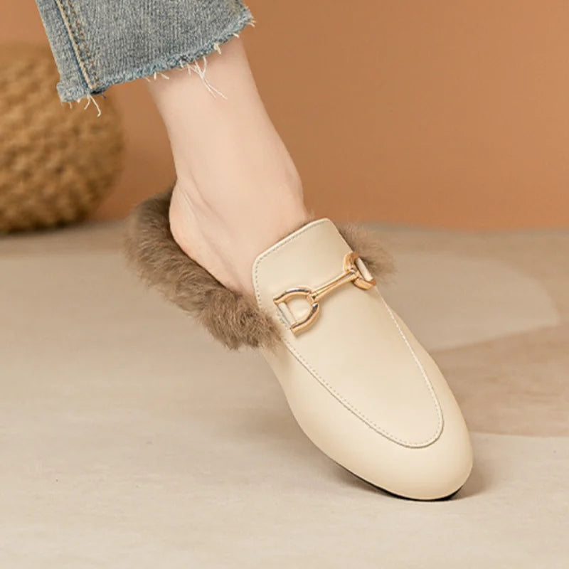 Womens Luxury Metal Chain Fur Mules