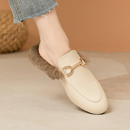 Womens Luxury Metal Chain Fur Mules
