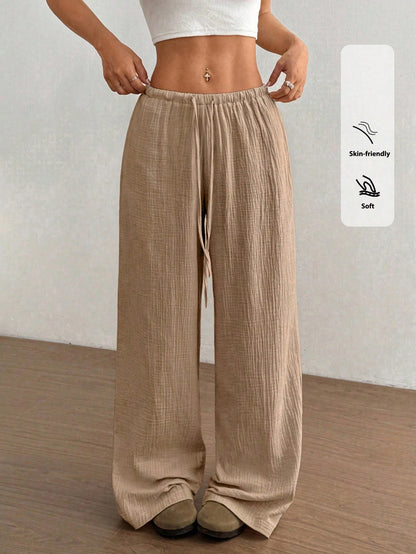 Women's Polyester Blend Pants With Low Rise And Floor-Length Wide Leg Featuring Elastane For Stretch
