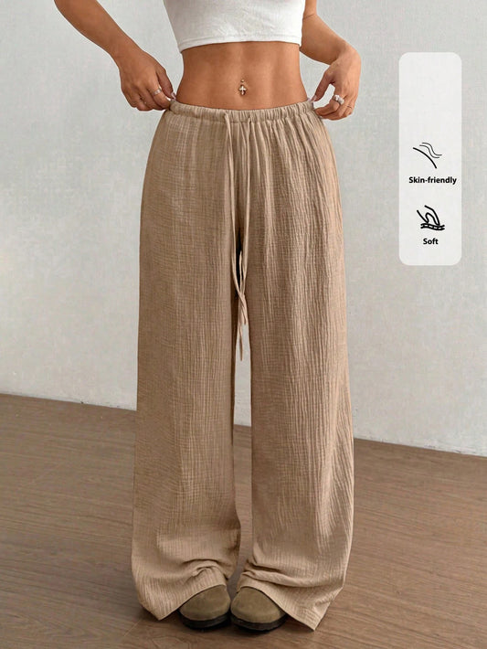 Women's Polyester Blend Pants With Low Rise And Floor-Length Wide Leg Featuring Elastane For Stretch