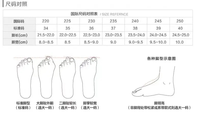 Black-and-white size conversion chart and foot shape diagrams for women’s pointed toe stiletto pumps for correct sizing.