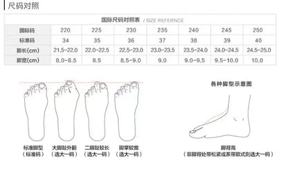 Black-and-white size conversion chart and foot shape diagrams for women’s pointed toe stiletto pumps for correct sizing.