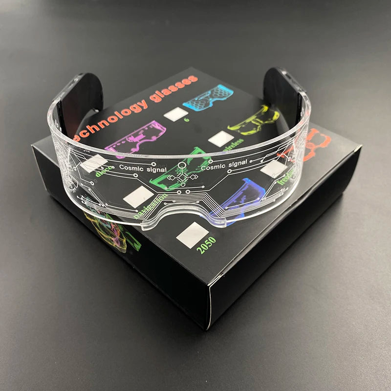 Gifts and novelty LED festival glasses featuring illuminated circuit board patterns and clear acrylic frames