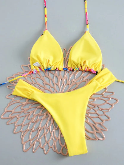 Women's Triangle Lace-Up Bikini Set with Adjustable Straps and Thong Bottom