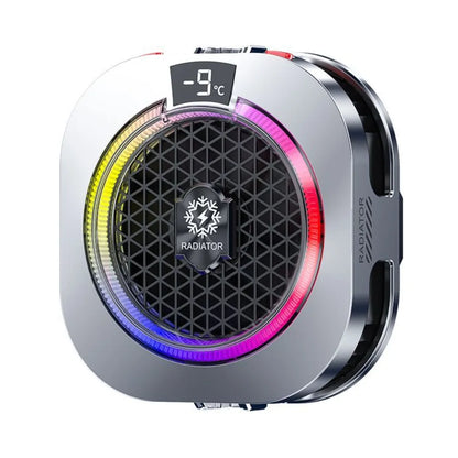 Silver metallic mobile phone cooler with RGB lights, LED temperature display, and high-power fan for gaming.