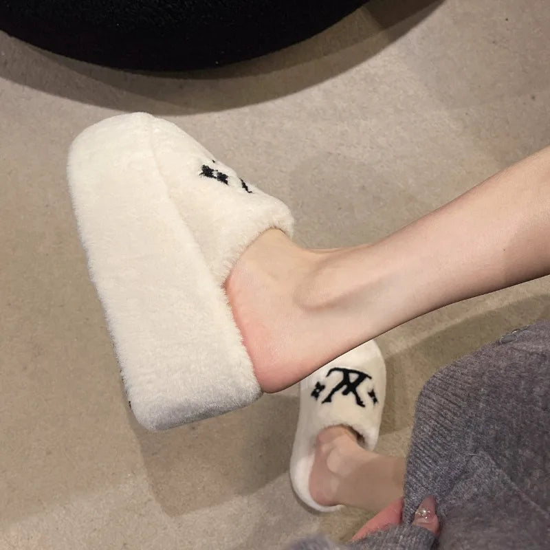 Warm Slippers for Women Indoor Non Slip Plush Traction Rubber Sole With Wedge Heel